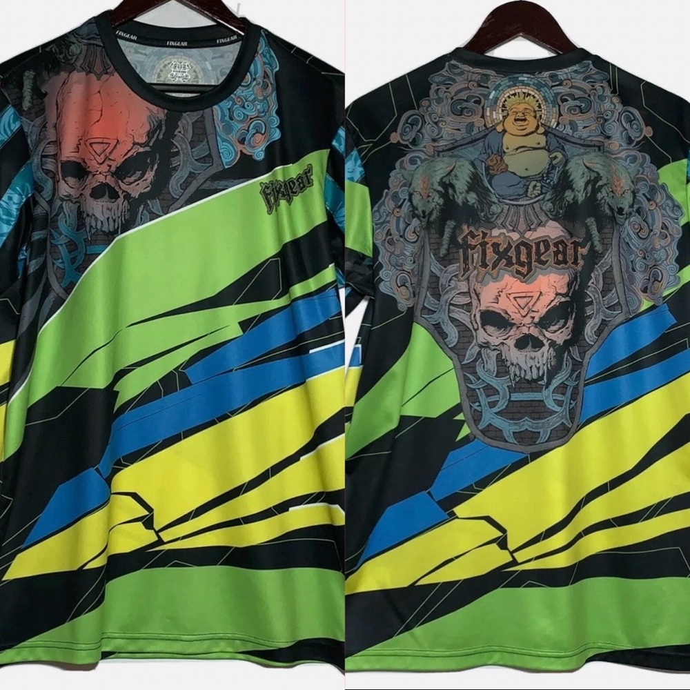 FixGear Skull Buddha Wolf Cycling Jersey Shirt 2XL Neon Green Blue Y2K Goth